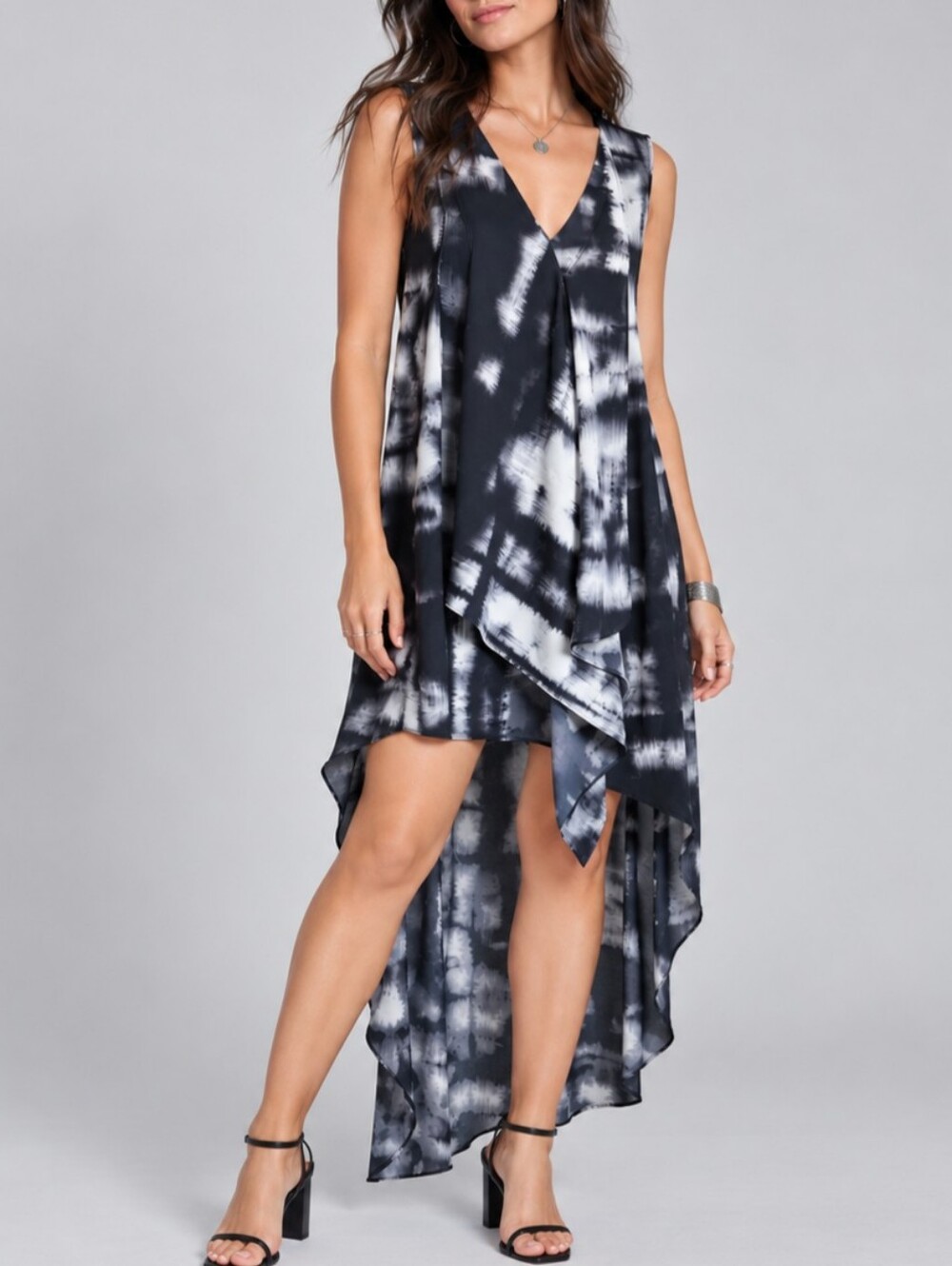 BCBGMAXAZRIA Draped High Low Tunic Dress Black White XS